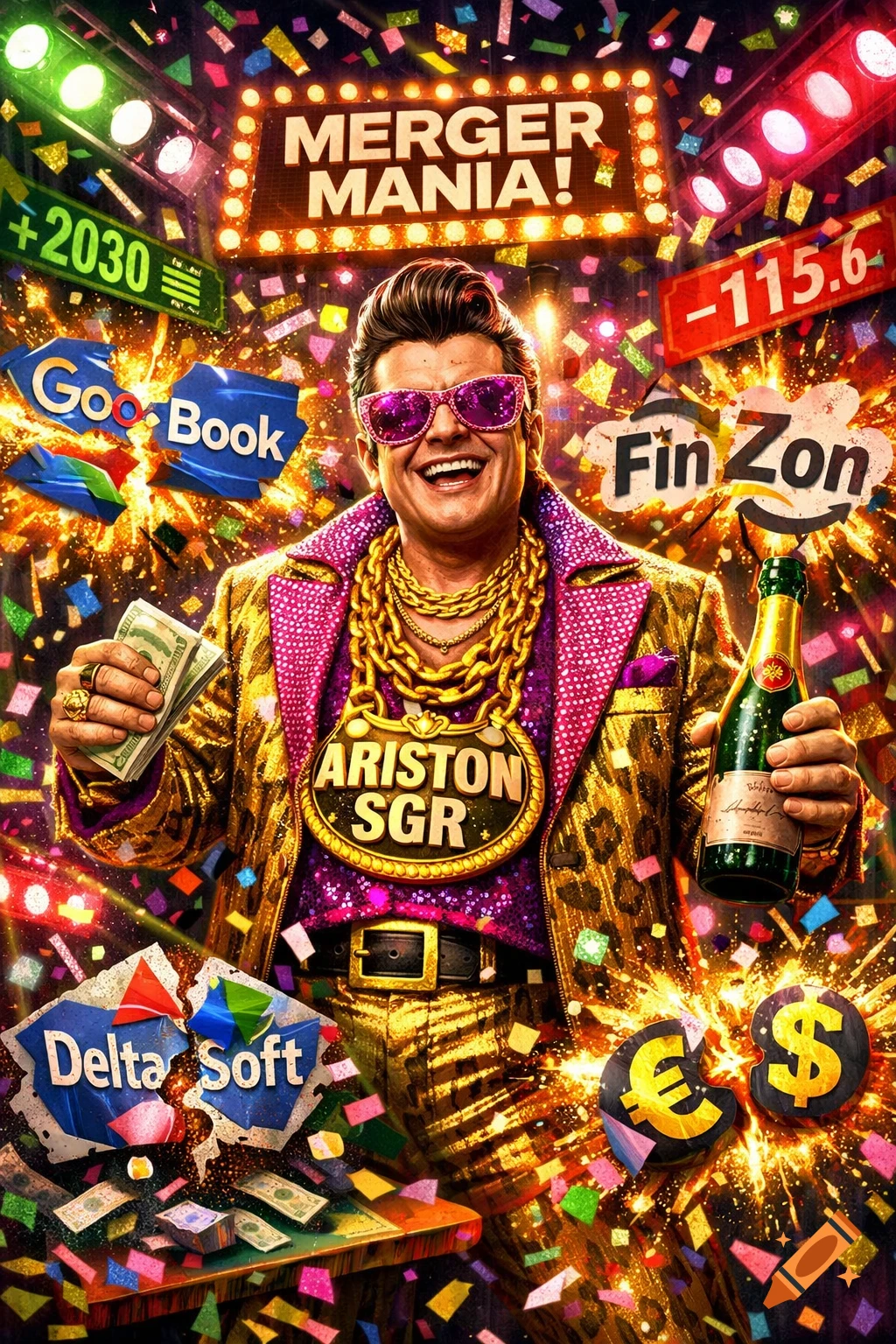 A man in a gold leopard print suit, pink sequined shirt, and purple sunglasses holds money and champagne, surrounded by confetti and logos for "Merger Mania!" and "Ariston SGR".