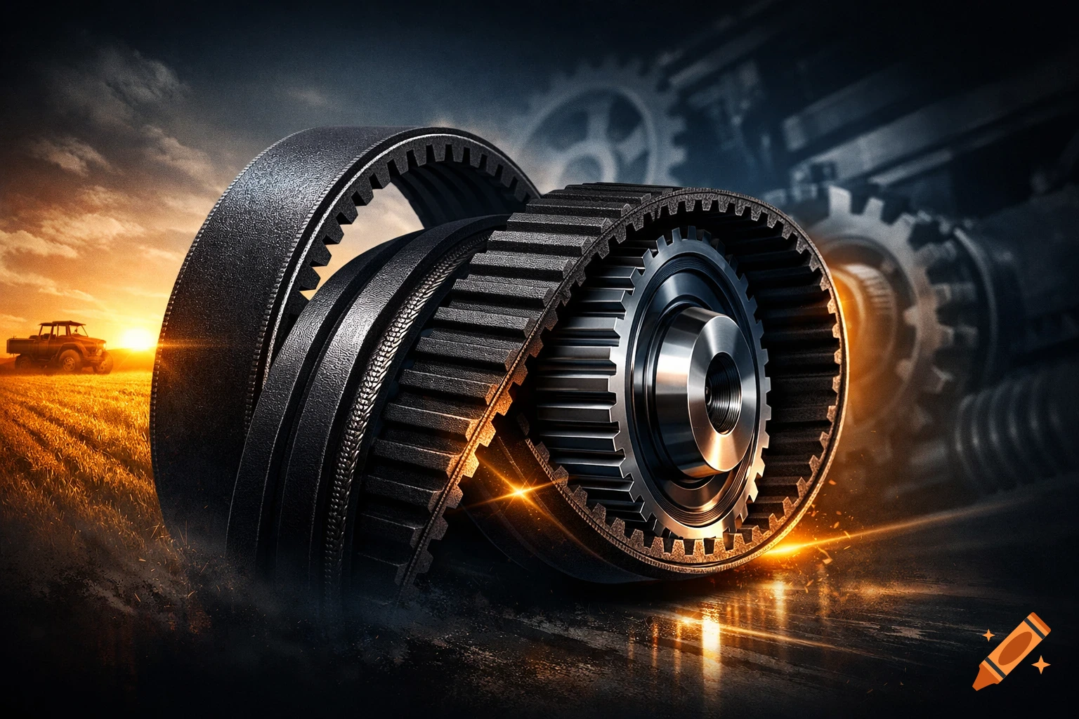 Photorealistic image of large drive belts and a gear mechanism, with a tractor in a field at sunset in the background.