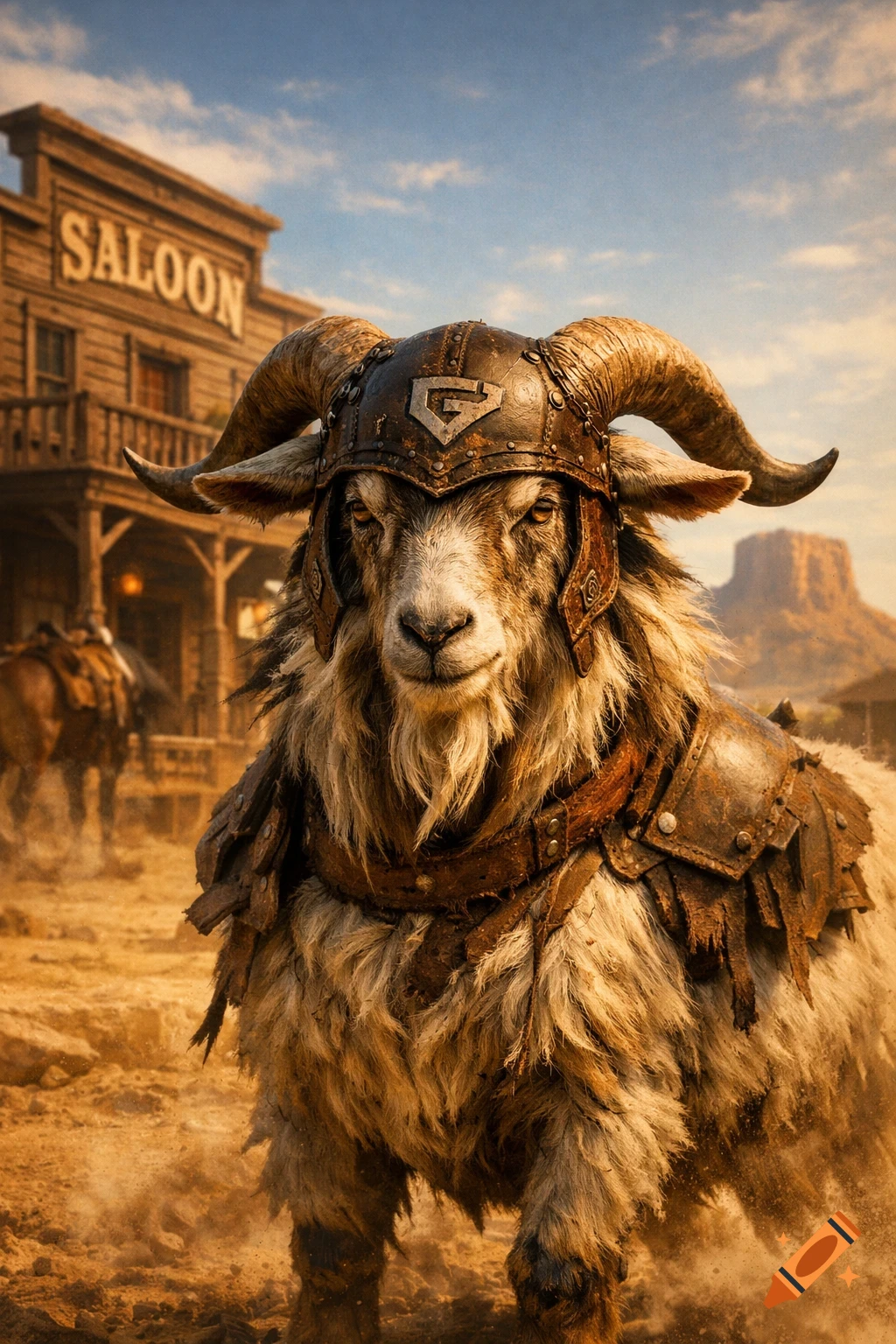 A photorealistic horned goat wearing a detailed battle helmet and armor, standing in a dusty Wild West town with a saloon.