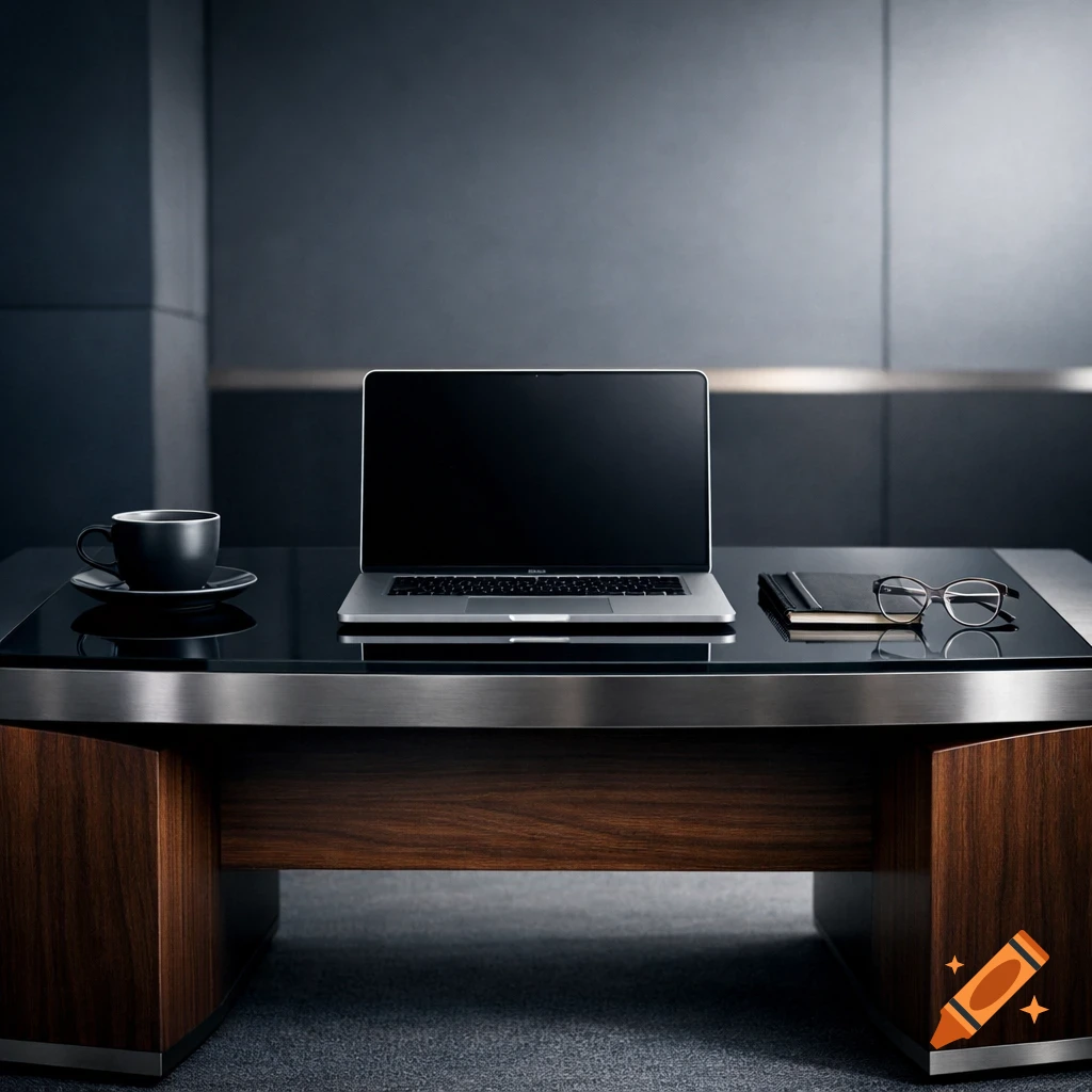 A minimalist executive desk with a laptop, coffee cup, notebook, and glasses in a modern, professional office setting.