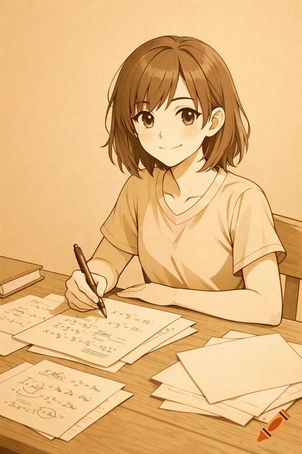 Anime girl with short brown hair smiling, writing on paper at a wooden desk with a pen, surrounded by written and blank sheets.