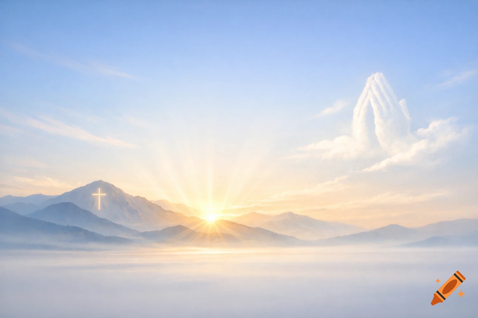 A serene mountain landscape at dawn with a glowing cross on a peak, sun rays, and clouds forming praying hands.