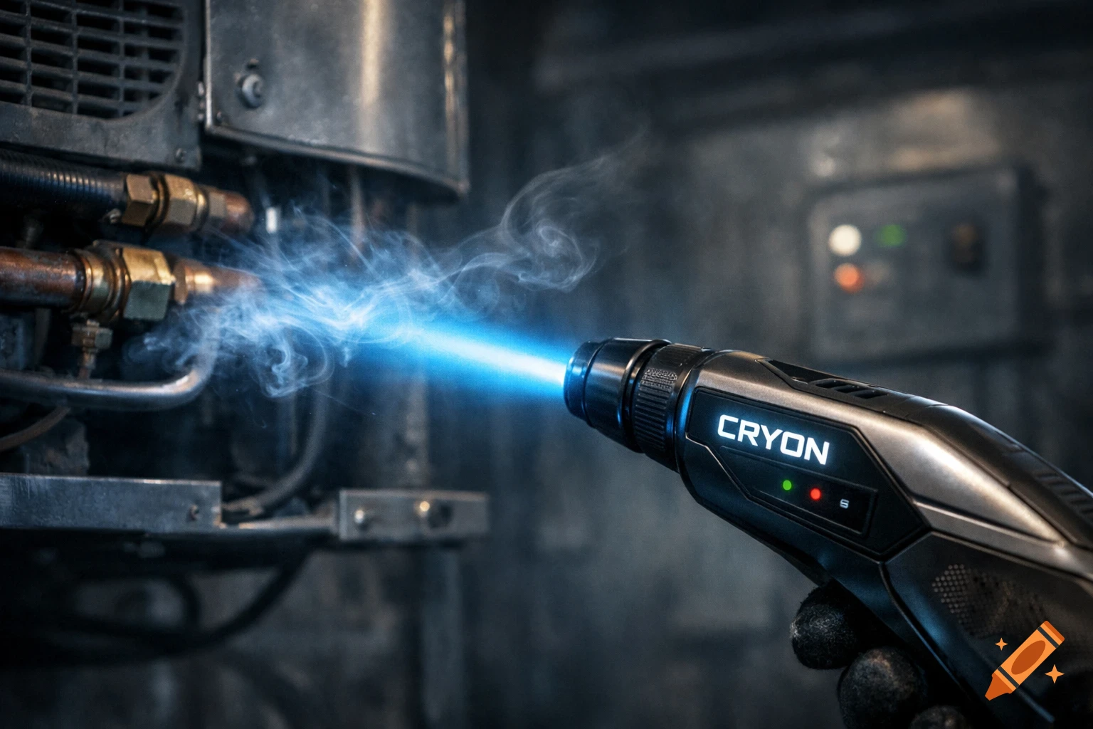 Close-up of a hand holding a futuristic 'Cryon' device emitting a blue beam and smoke towards industrial pipes.