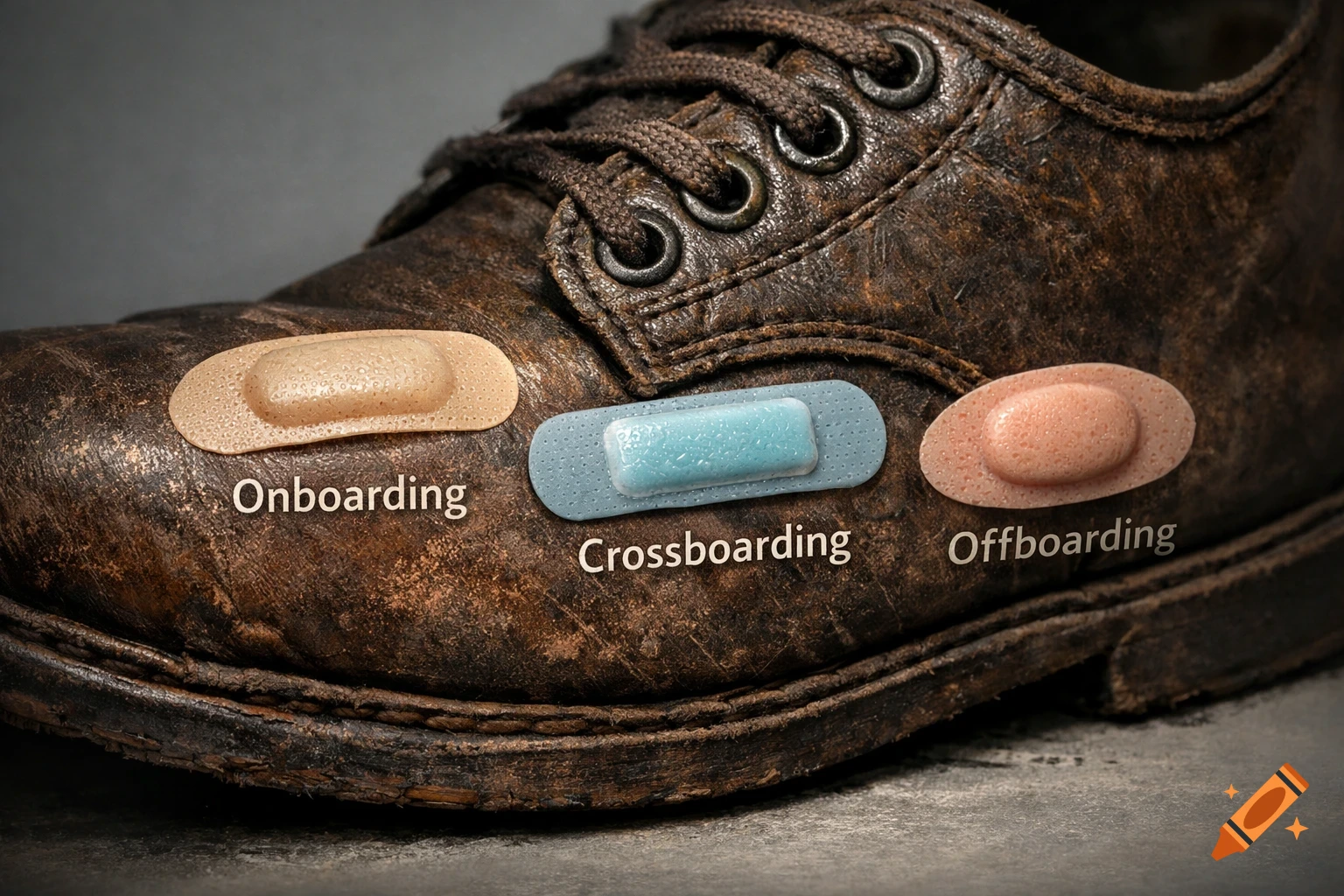 A close-up of a worn brown shoe with three band-aids, labeled "Onboarding," "Crossboarding," and "Offboarding." Photorealistic.