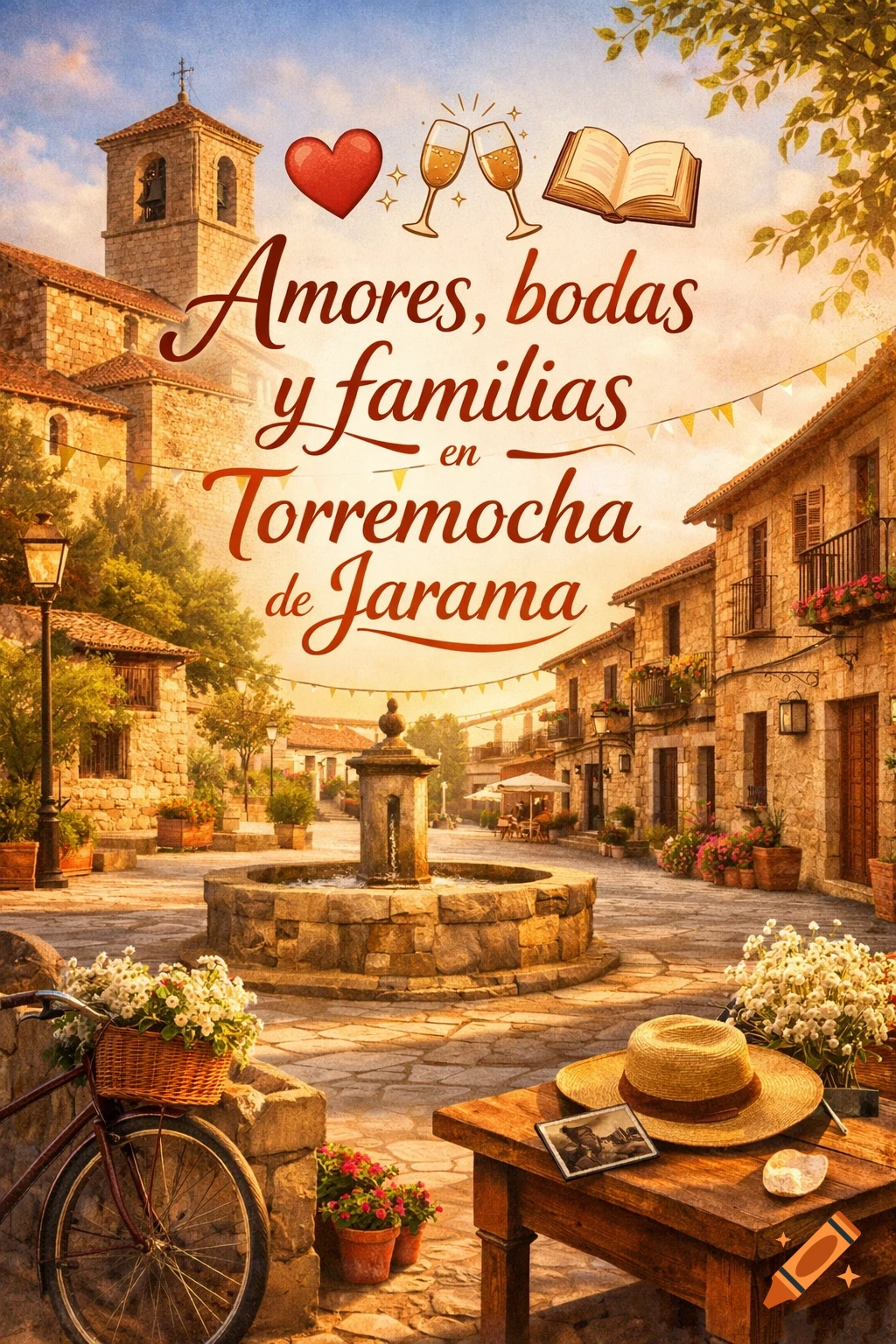 Charming, sunlit Spanish village square with a church, fountain, stone buildings, and text "Amores, bodas y familias en Torremocha de Jarama".