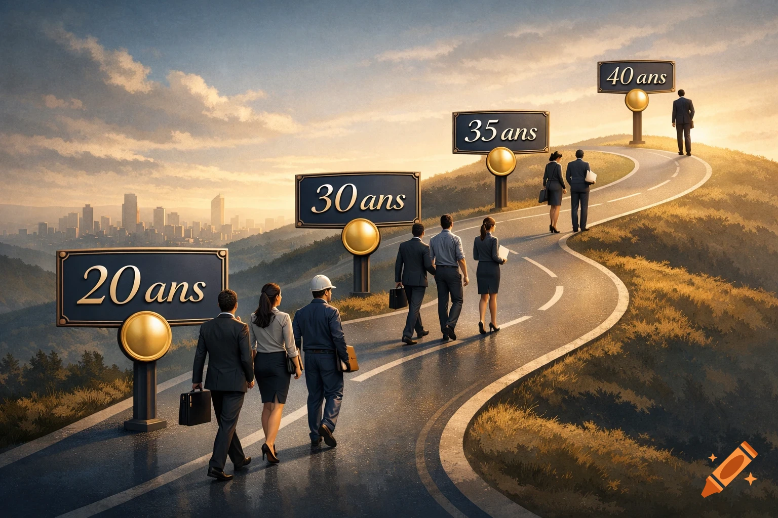 Business people walk a winding road with signs showing 20, 30, 35, 40 years, symbolizing career progression against a sunset city backdrop.