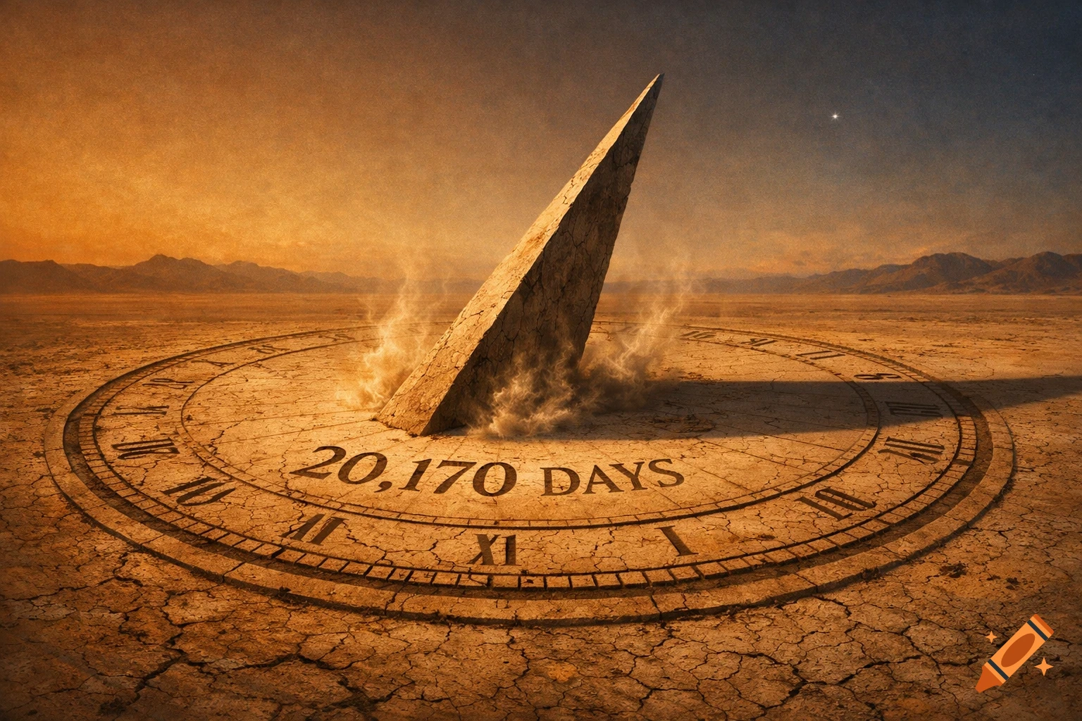 A large, ancient-looking sundial with '20,170 DAYS' and Roman numerals carved into its base, sitting on cracked desert ground under an orange sky, with wisps of dust around it.