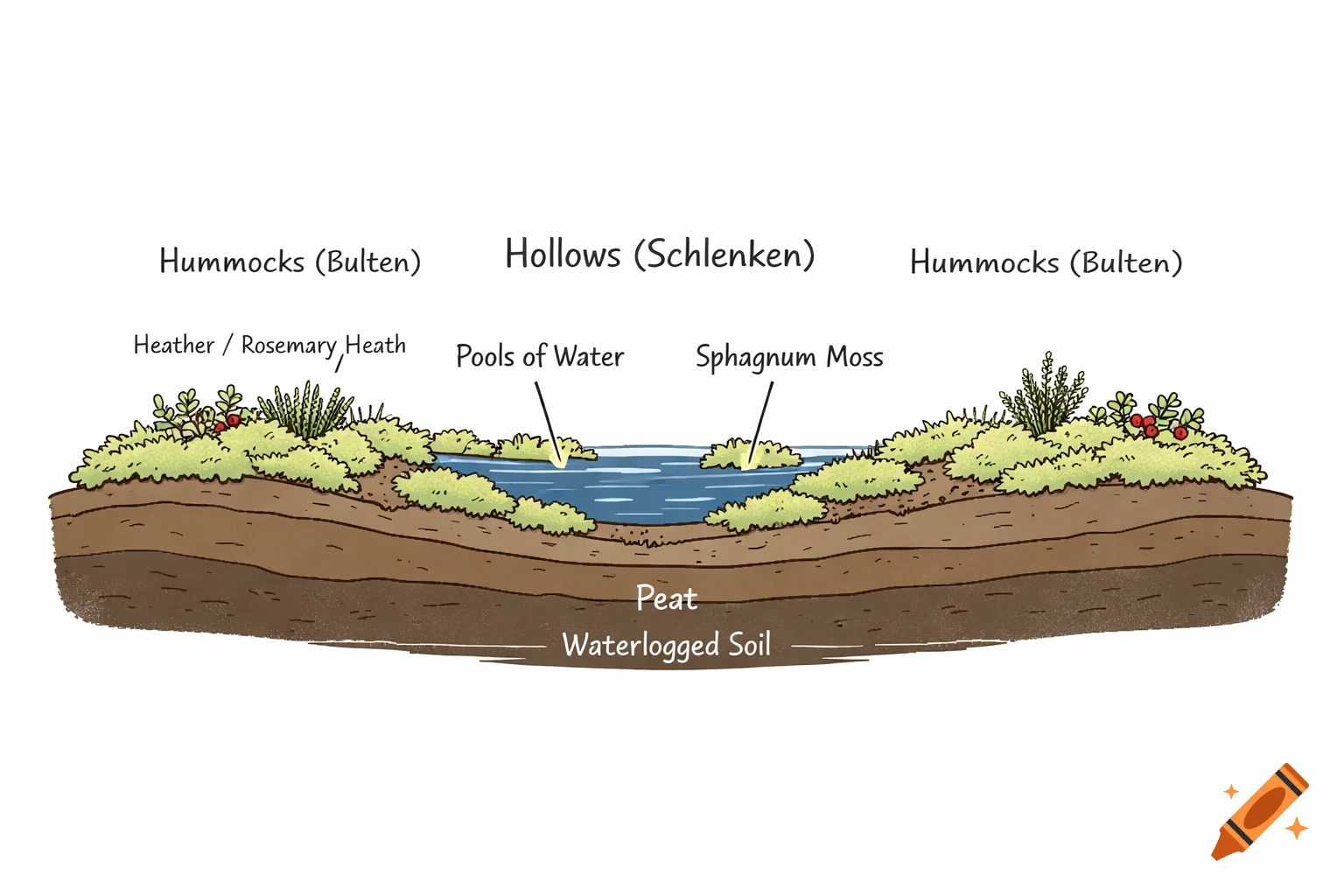Illustrated cross-section diagram of a peat bog, showing hummocks with heather and hollows with pools of water and sphagnum moss, above layers of peat and waterlogged soil.
