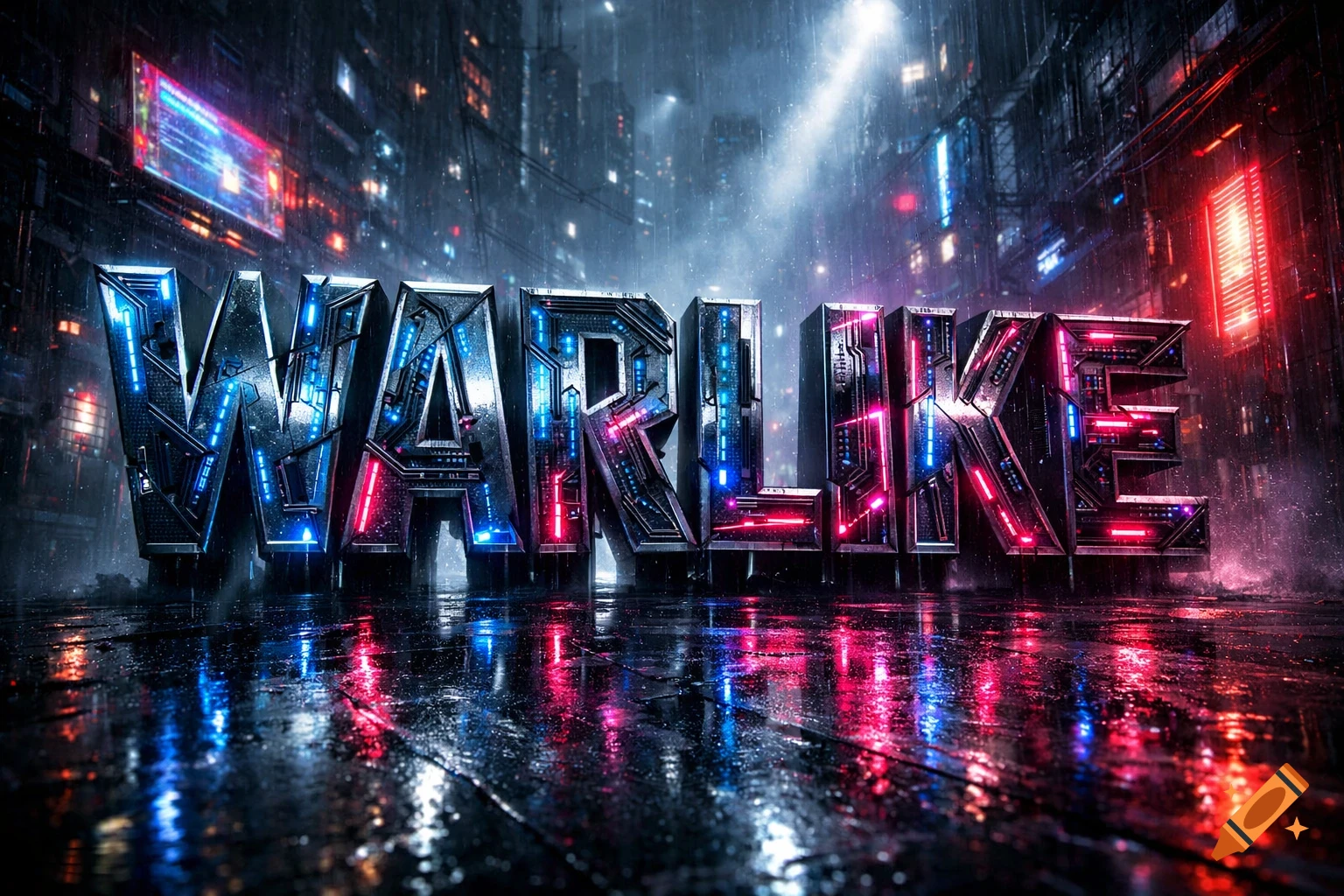 3D metallic text 'WARLIKE' with neon blue and pink lights reflecting on a wet street in a rainy cyberpunk city at night.