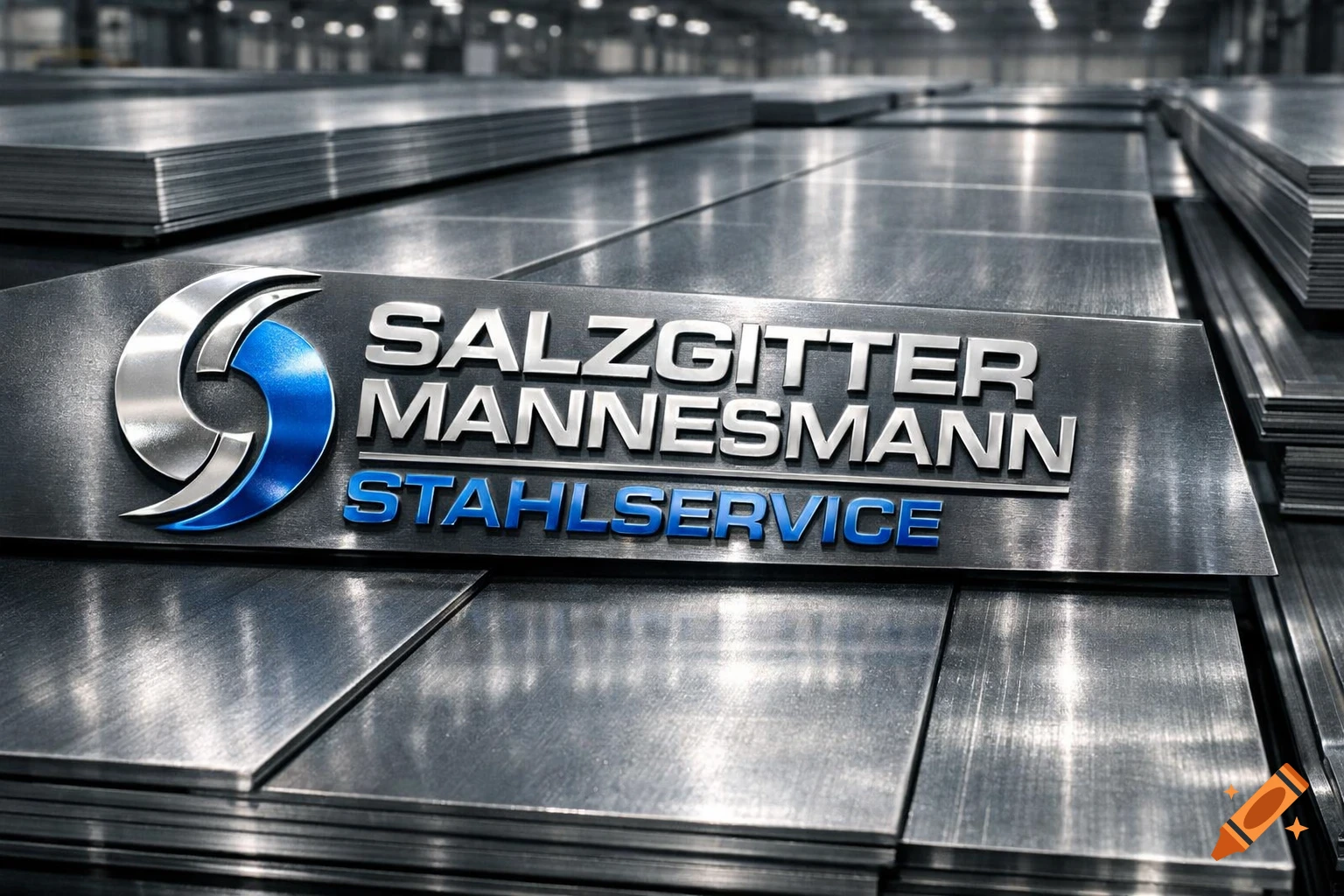 Photorealistic logo of Salzgitter Mannesmann Stahlservice on metal, with cold-rolled steel sheets in an industrial background.