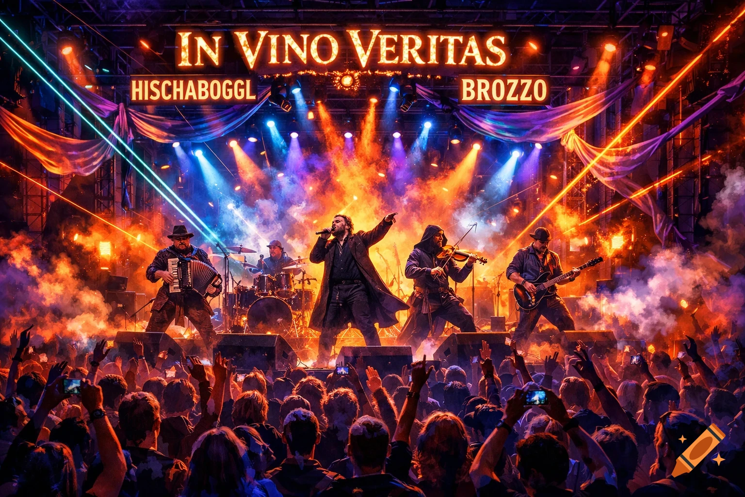 A band performs on a vibrant concert stage, illuminated by colorful lights, smoke, and lasers. Text 'IN VINO VERITAS' is visible.
