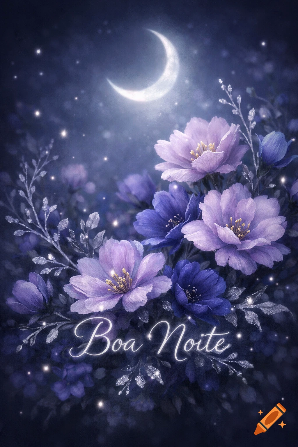 Ethereal digital art of purple and blue flowers under a glowing crescent moon and stars, with the text 'Boa Noite'.