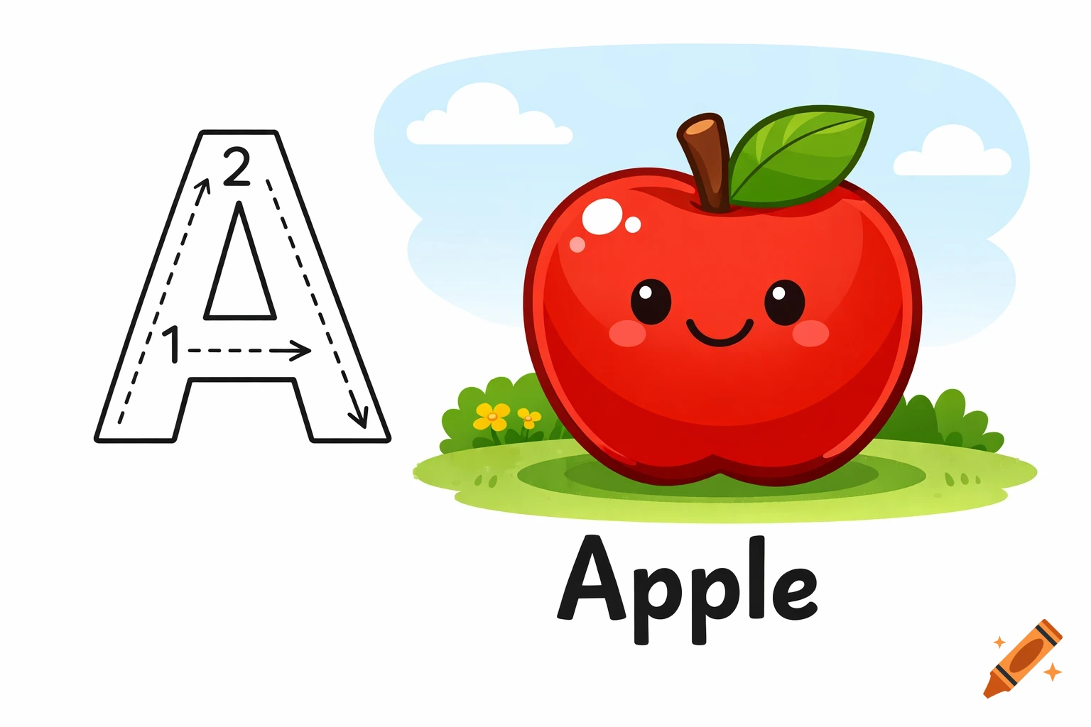 A children's illustration featuring a capital letter A for tracing and a smiling red cartoon apple on green grass with blue sky, and the word Apple.