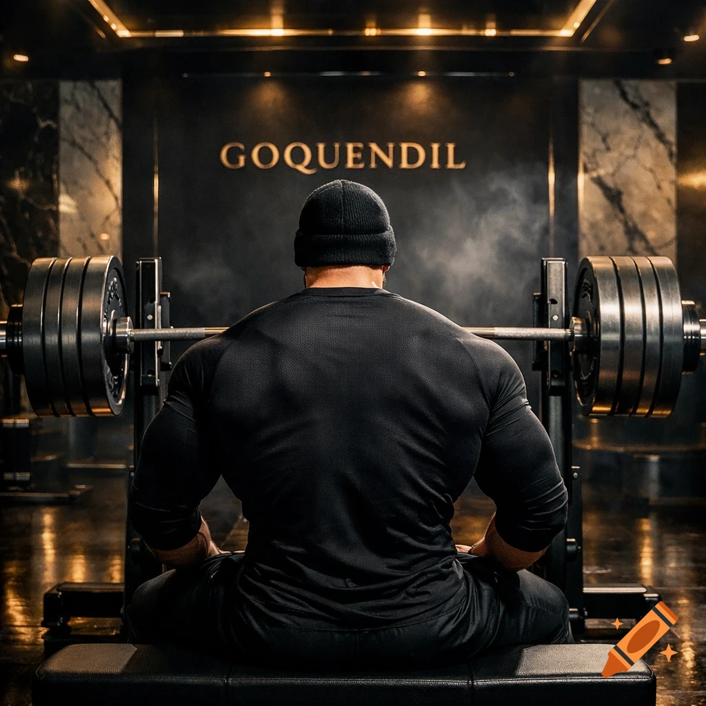 Muscular man in a beanie from behind in a luxurious gym, facing a barbell with 'GOQUENDIL' on the wall. Cinematic.