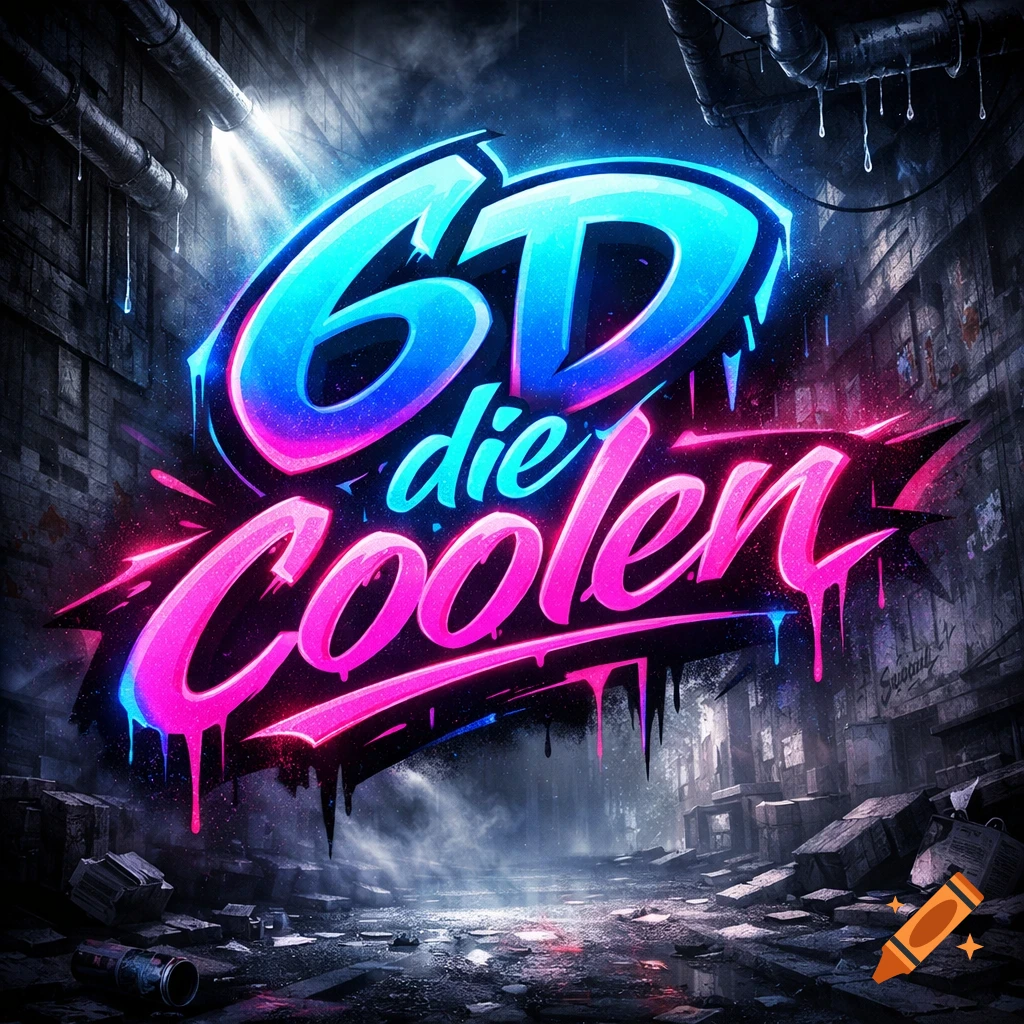 Stylized neon blue and pink text '6D die Coolen' in a dark, gritty urban alleyway with pipes and debris.