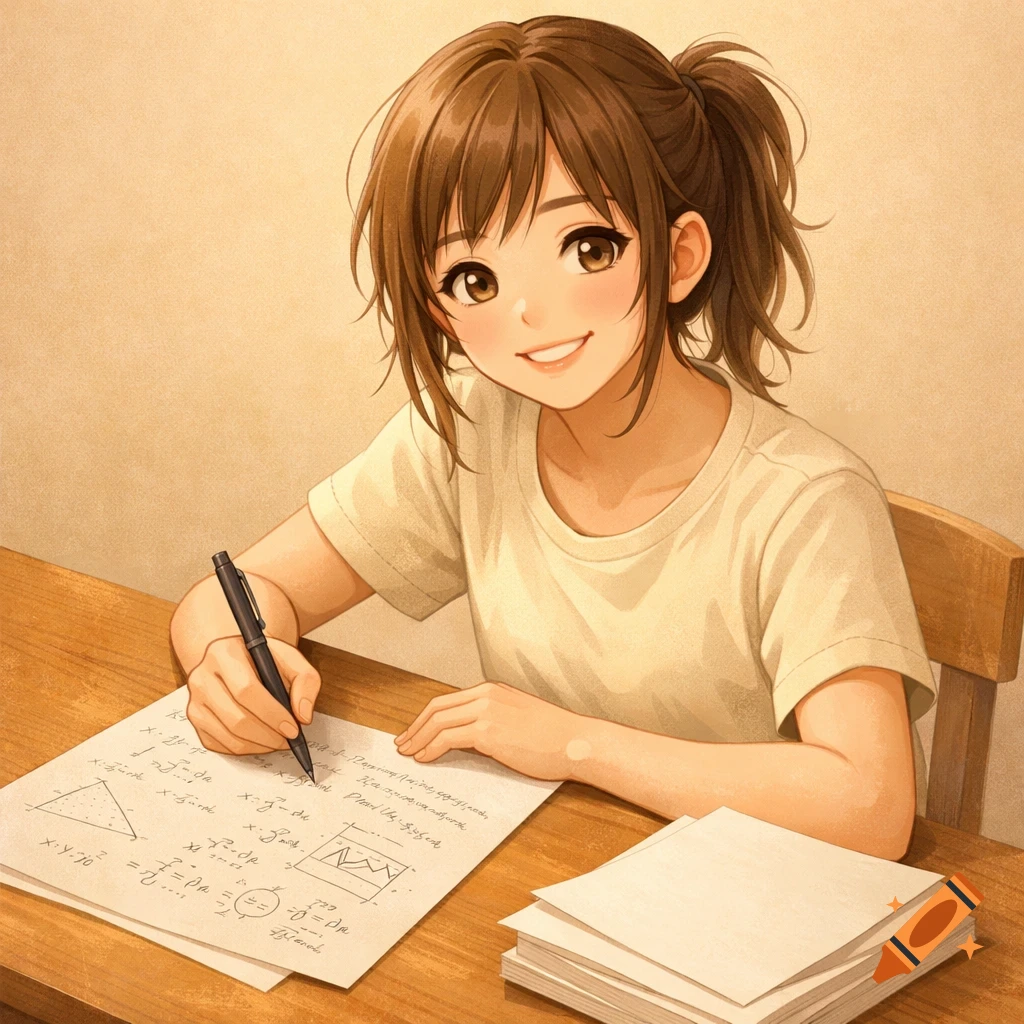An anime-style teenage girl with brown hair in a ponytail smiles at the camera while writing on a paper filled with mathematical equations at a wooden desk.