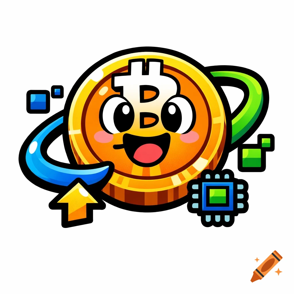 A happy, flat 2D cartoon Bitcoin coin with a face, a blue upward arrow, and a circuit board icon.
