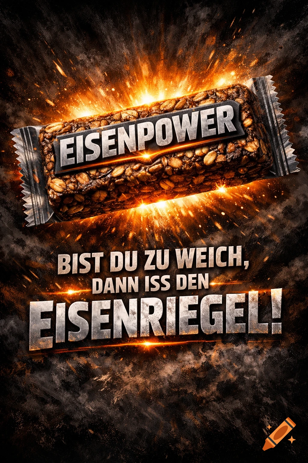 A close-up of an "Eisenpower" protein bar with a metallic label, surrounded by bright orange and yellow fiery explosions and sparks on a dark background. Below the bar, the German slogan "BIST DU ZU WEICH, DANN ISS DEN EISENRIEGEL!" is prominently displayed in a bold, metallic font.
