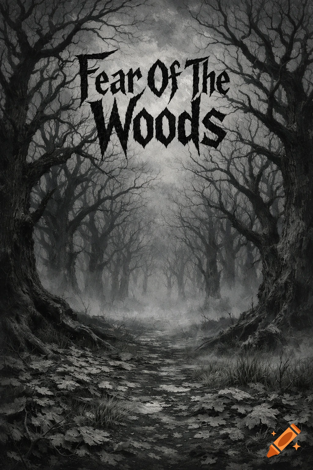Dark, foggy forest path at night with bare trees and fallen leaves, featuring the title 'Fear Of The Woods' in a gothic font.