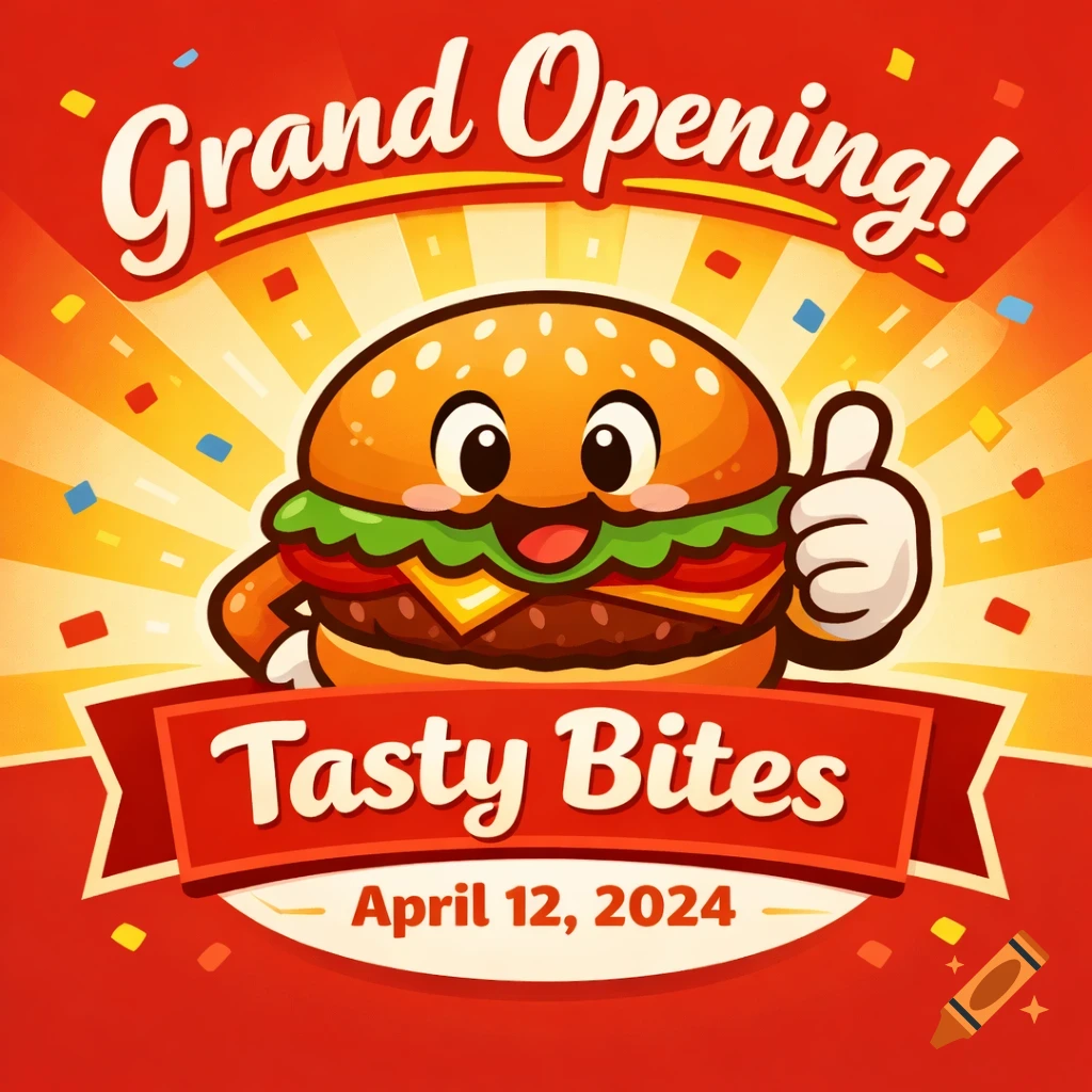Cartoon flyer for 'Tasty Bites' grand opening, featuring a cheerful burger mascot giving a thumbs up on a red and yellow background.