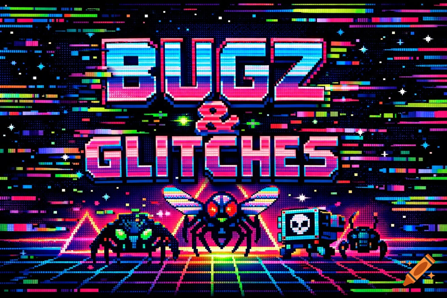 Pixel art 80s arcade title screen with neon 'BUGZ & GLITCHES' text, a fly, spider, and robot amid glitch effects.