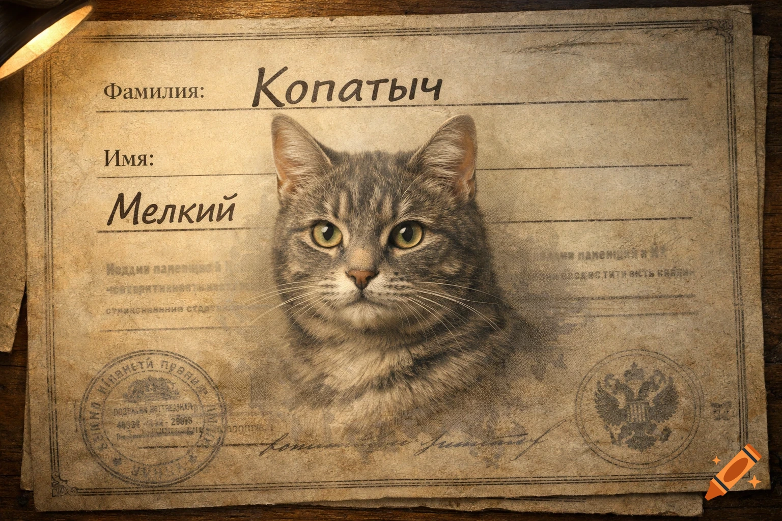A grey tabby cat's headshot on an old, textured document with Russian text for 'Kopatych' and 'Melkiy'.