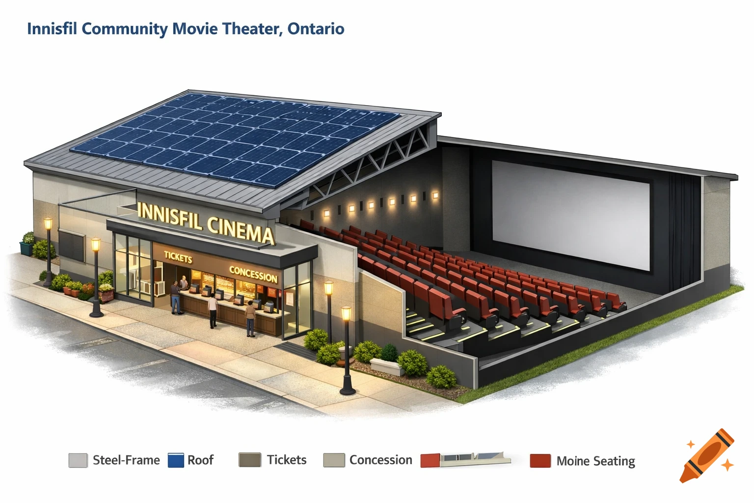 Cutaway diagram of Innisfil Community Movie Theater, showing exterior with solar panels and interior cinema hall with seating.