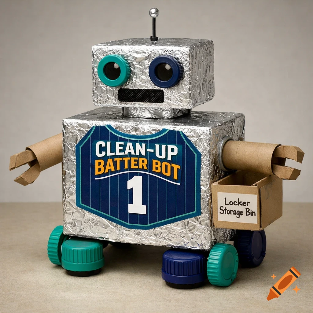 A silver foil craft robot with cardboard arms, bottle cap wheels, "CLEAN-UP BATTER BOT 1" label, and a "Locker Storage Bin" box.