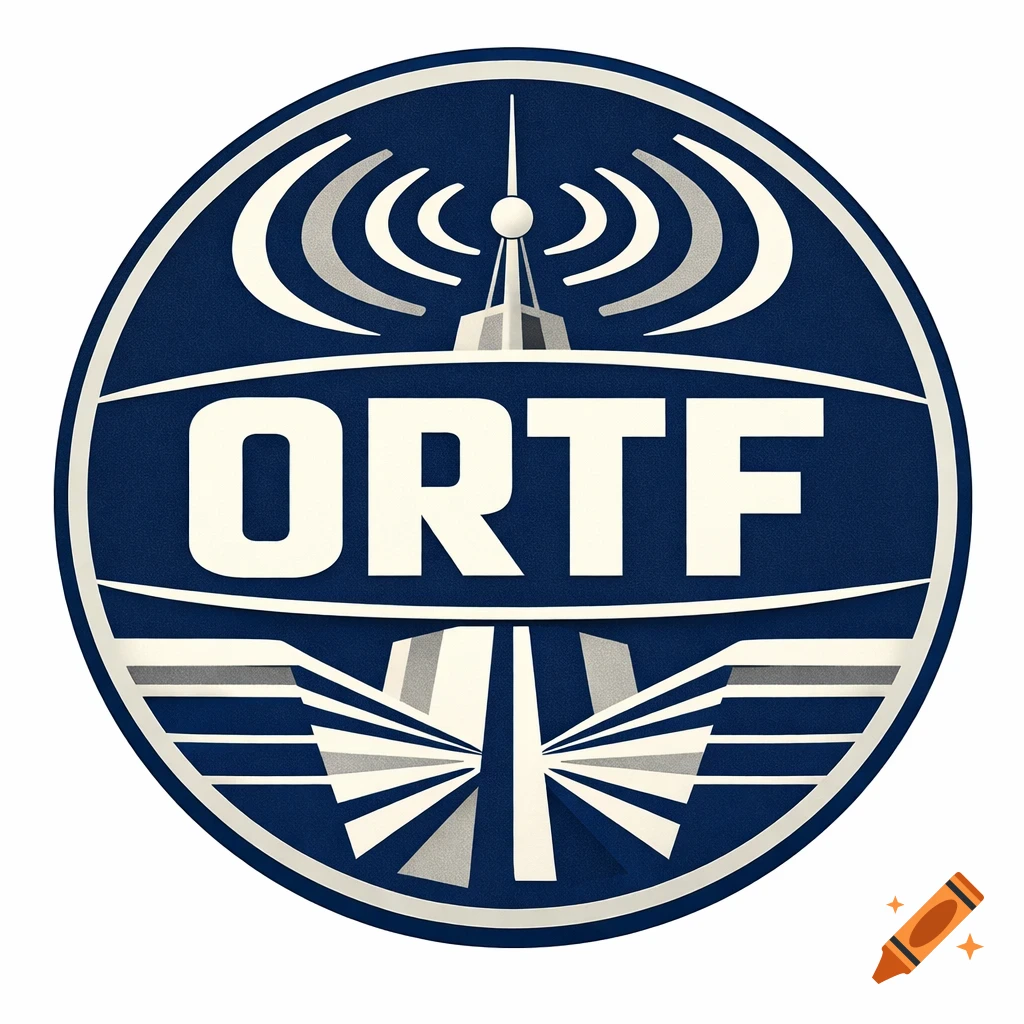 Blue circular logo with a white radio tower emitting sound waves, and "ORTF" in bold white letters.