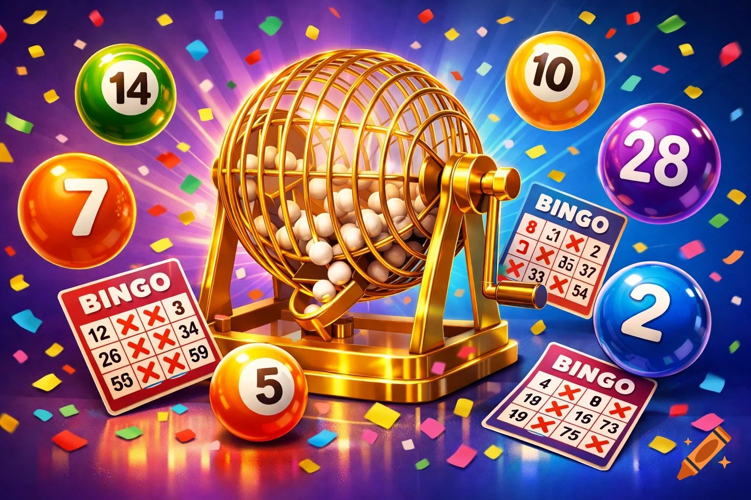 A vibrant 3D illustration of a golden bingo cage, colorful numbered balls, and bingo cards with confetti falling around them.