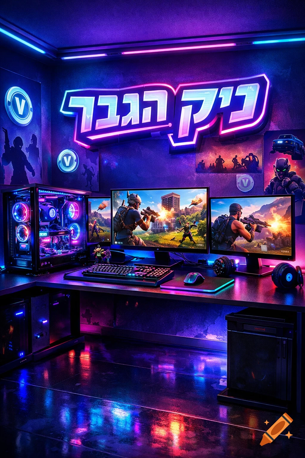 Vibrant neon-lit gaming room with a high-end PC, multiple monitors showing a shooter game, and 'ניק הגבר' in Hebrew neon text.