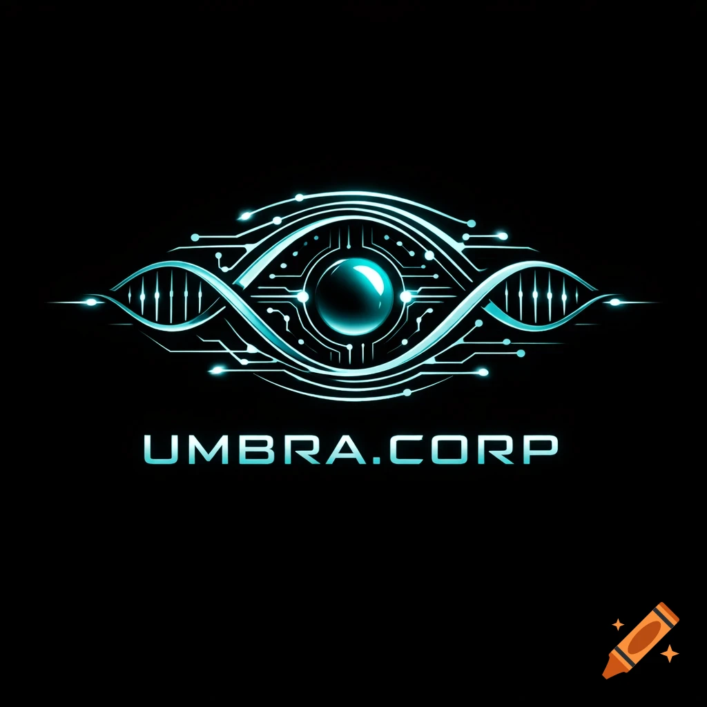 A glowing cyan futuristic eye logo with circuit lines and DNA helix shapes, and 'UMBRA.CORP' text on a black background.
