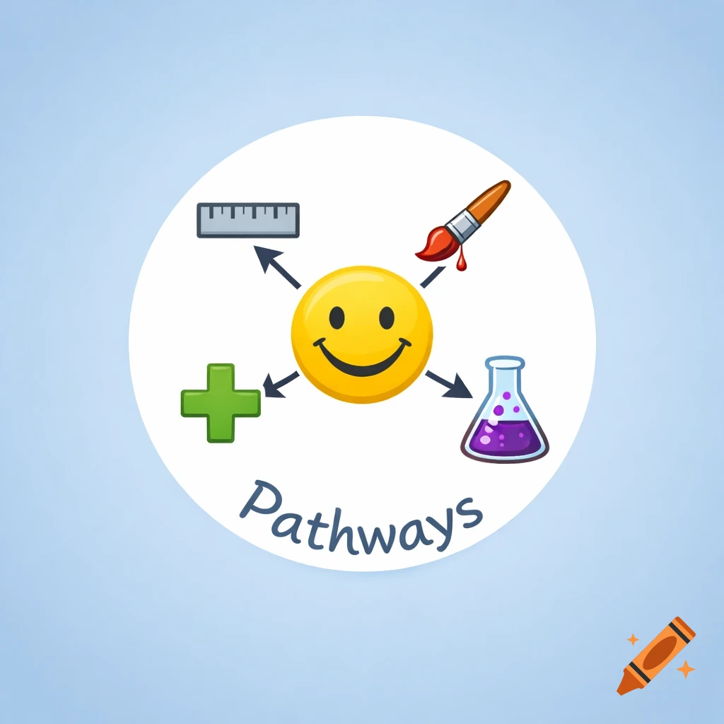A logo with a yellow smiley face in a white circle, surrounded by a ruler, paintbrush, beaker, and plus sign, with 'Pathways' text.
