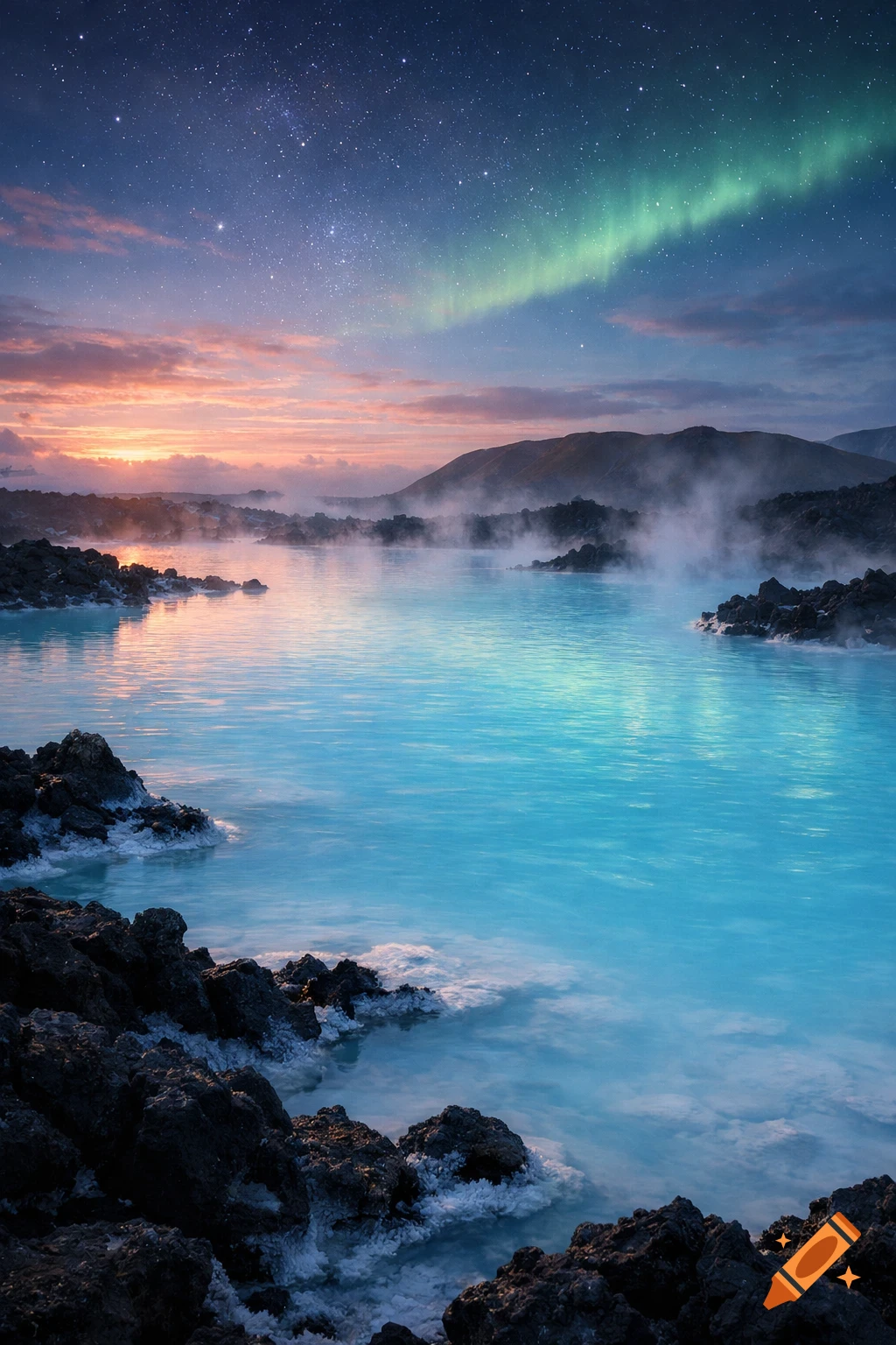 A photorealistic shot of a milky blue geothermal lagoon with steam, surrounded by dark rocks under a starry sky with a green aurora.