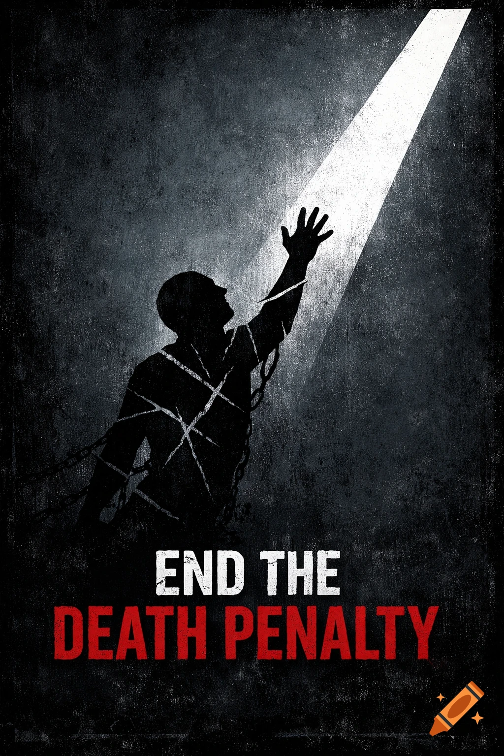 A dark, grunge-style poster shows a silhouetted person in chains reaching for a beam of light, with the text "END THE DEATH PENALTY".