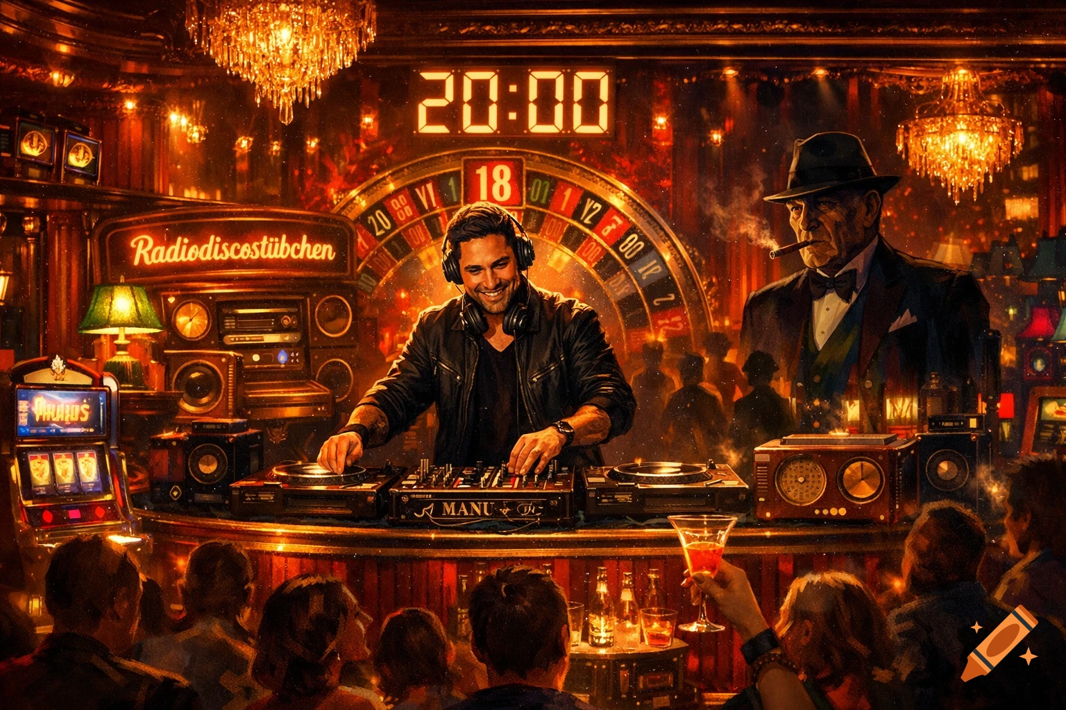 A vibrant casino night scene with a smiling DJ behind decks, an old man smoking a cigar, a roulette wheel, and slot machines.