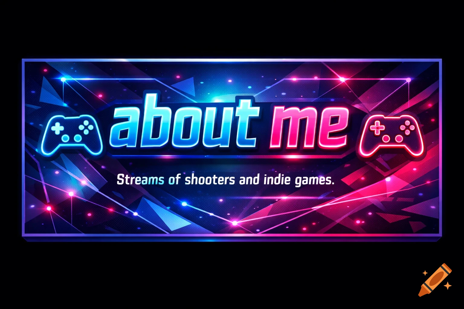 Cyberpunk Twitch banner with neon blue 'about me' text, pink 'me' text, game controllers, and 'Streams of shooters and indie games.' against a geometric background.
