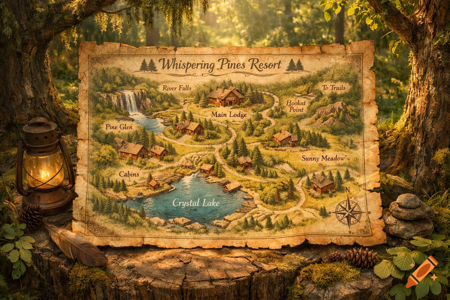 A detailed, old-style map of "Whispering Pines Resort" with cabins and a lake, lies on a mossy tree stump in a sunlit forest, next to an old lantern.