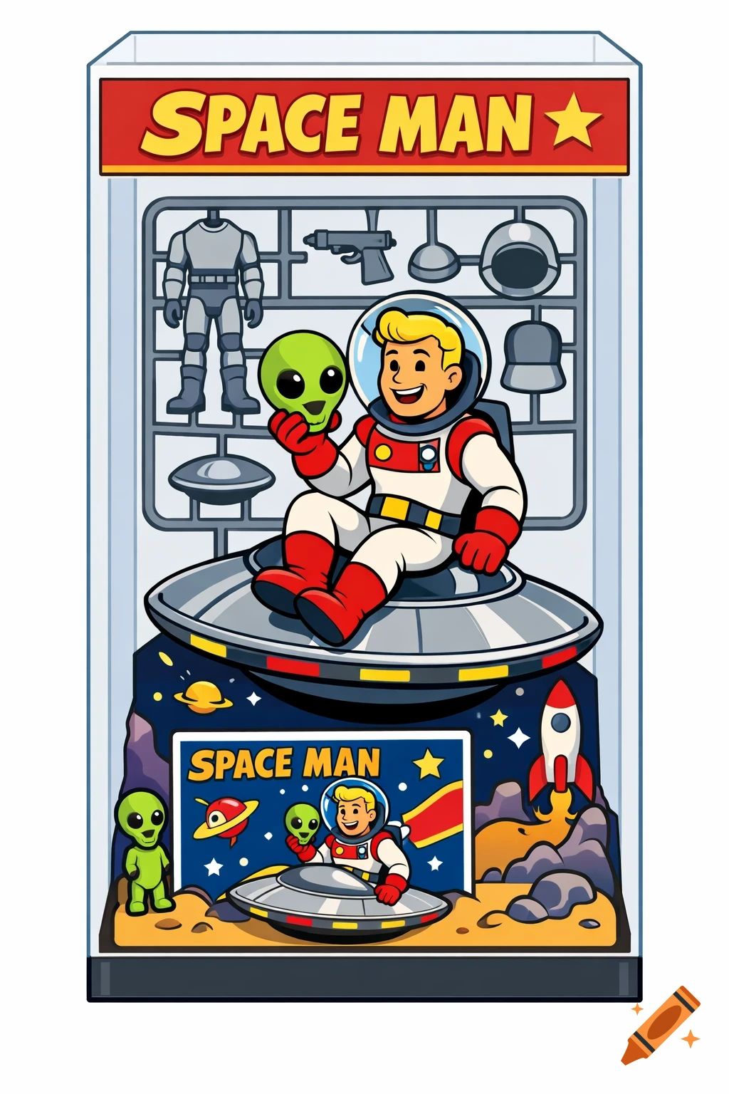 A retro cartoon 'SPACE MAN' model kit in a box: an astronaut on a UFO holds an alien head, with model parts and a space diorama.