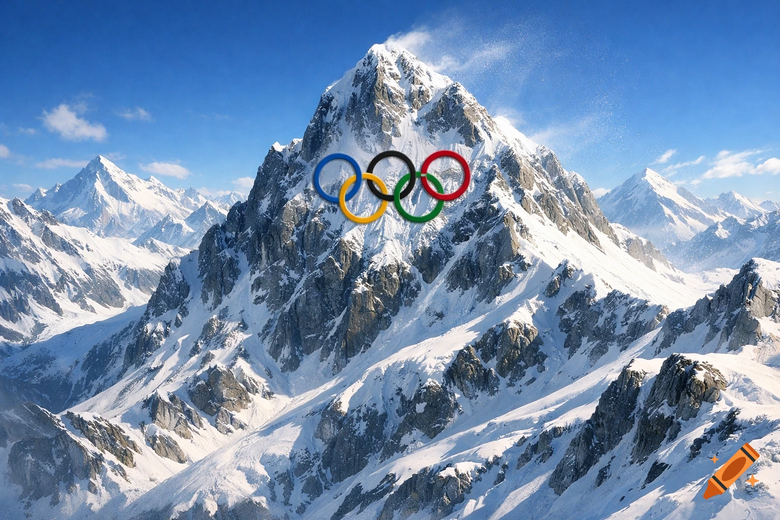 Photorealistic snowy mountains with the colorful Olympic rings logo above the highest peak.