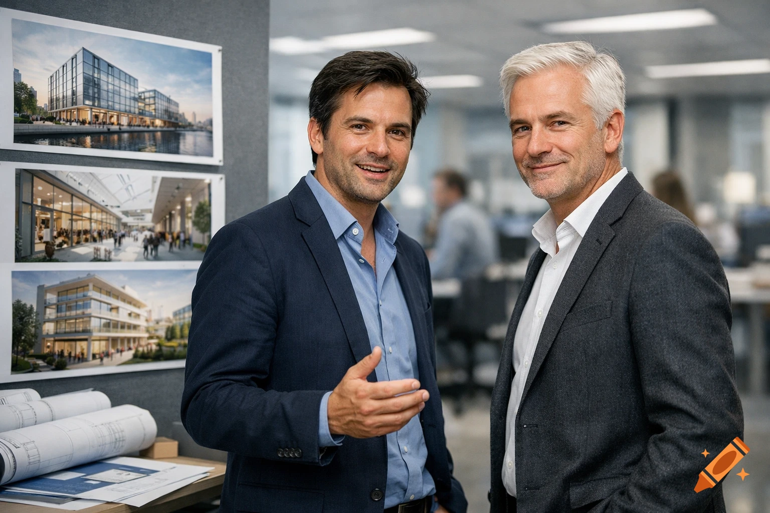 Two smiling male architects in business attire stand in a modern office, with architectural renderings and blueprints on display. Photorealistic.