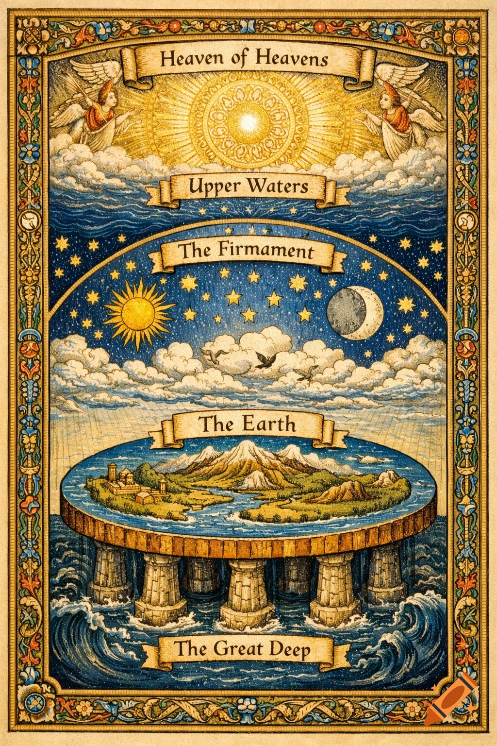 Detailed medieval diagram of ancient Hebrew flat-earth cosmology, showing Heaven, Upper Waters, Firmament, Earth, and Great Deep.