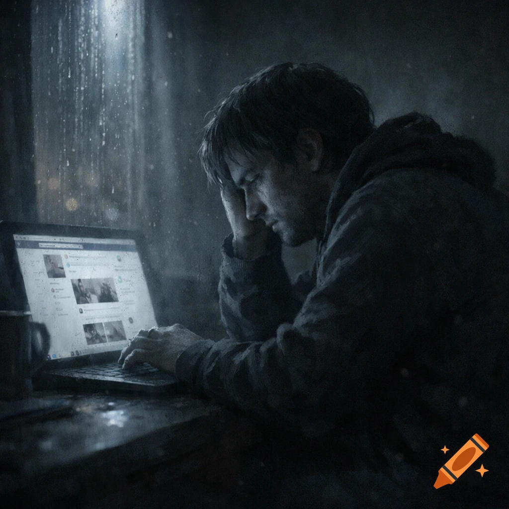 A despondent man looks at a laptop displaying a social media feed, illuminated by the light from a rainy window.