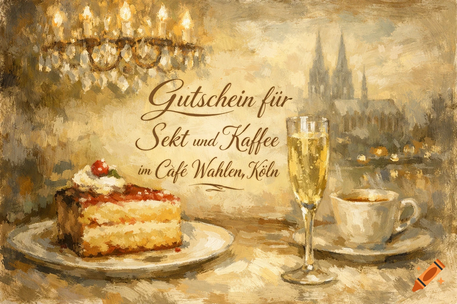 Impressionistic painting of a cake slice, champagne, and coffee, with text 'Gutschein für Sekt und Kaffee im Café Wahlen, Köln', a chandelier, and Cologne Cathedral in the background.