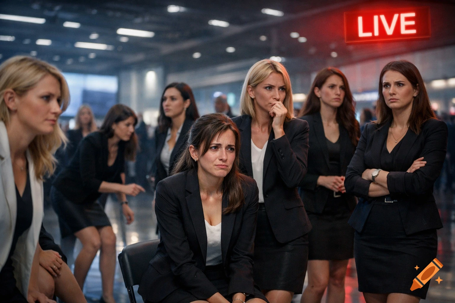 Several women in business attire in a tech hall react with tension and disbelief, one fighting tears, under a red LIVE sign.