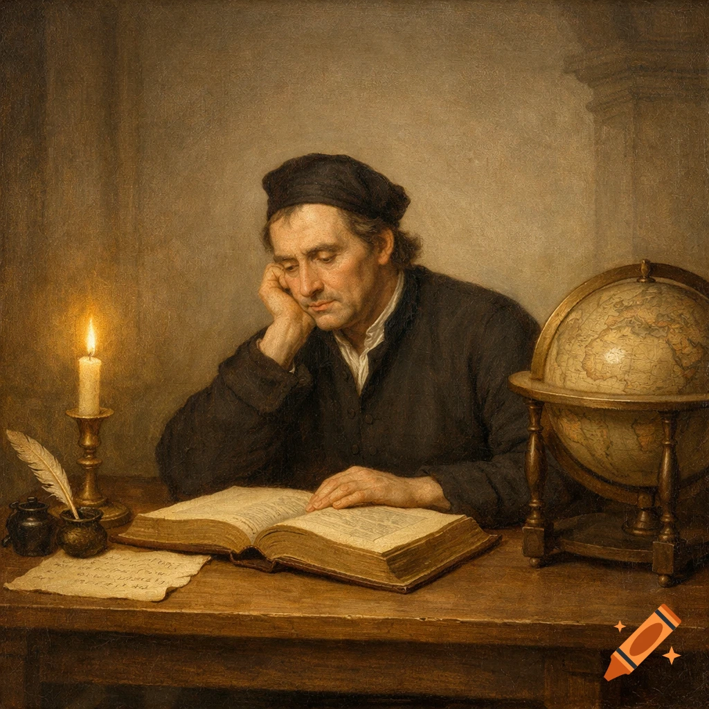 An 18th-century style painting of a scholar reading a large book by candlelight, with a globe and writing tools on a wooden desk.