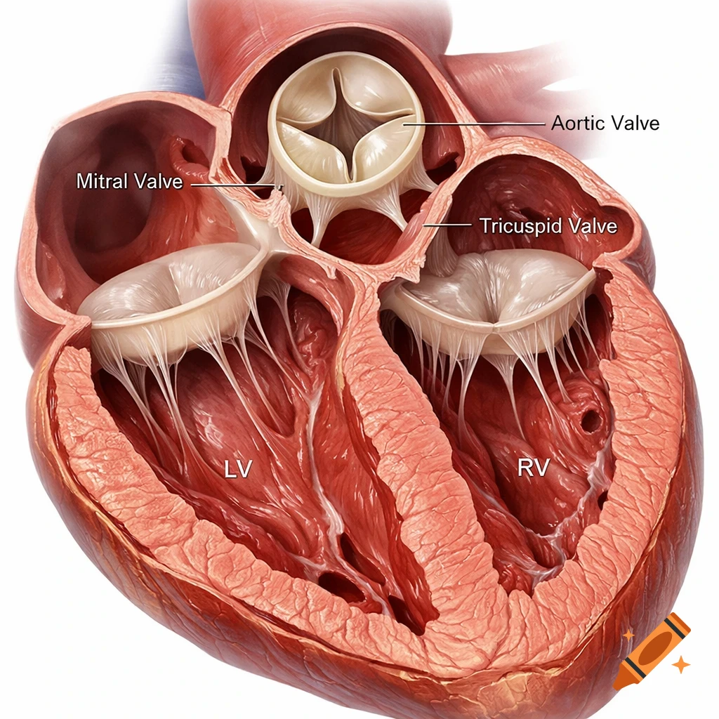 Detailed anatomical illustration of a human heart, showing internal structures, valves, and chambers with labels.