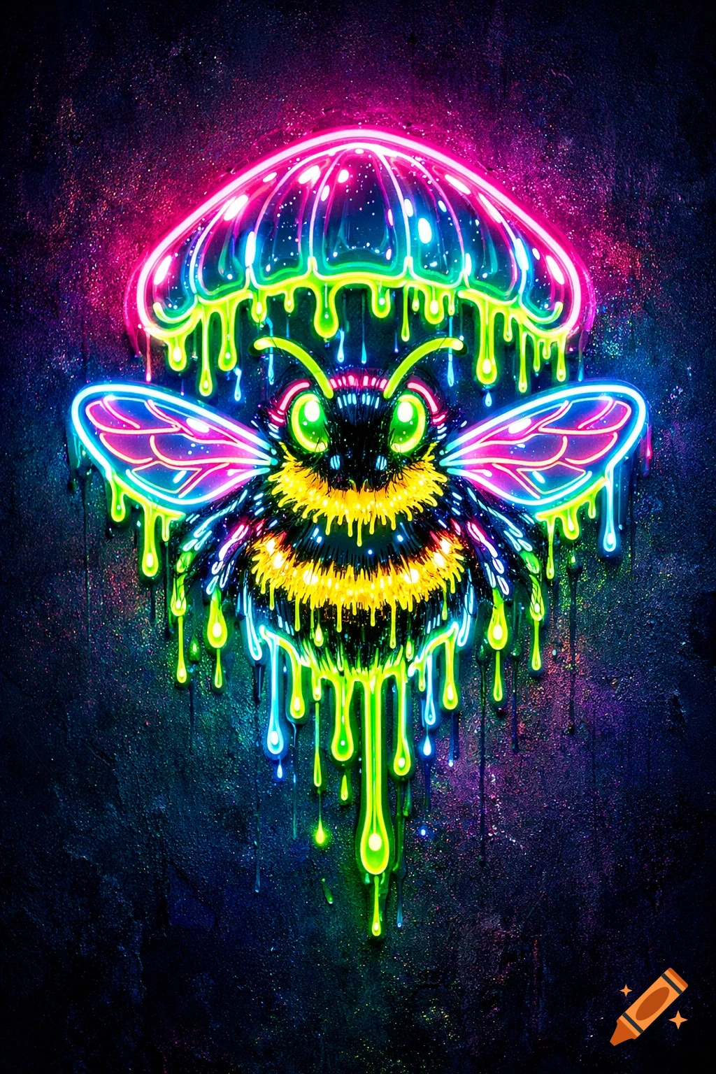 A vibrant neon sign depicting a bee with dripping slime, under a jellyfish-like glowing dome, on a dark textured background.