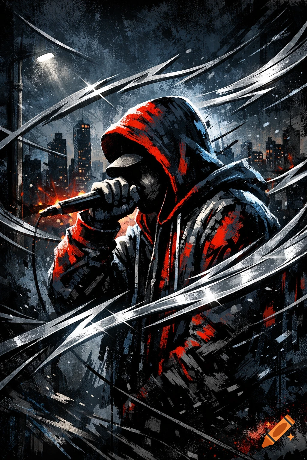 Stylized urban art of a hooded figure rapping into a microphone, with a dark city skyline and dynamic silver streaks.