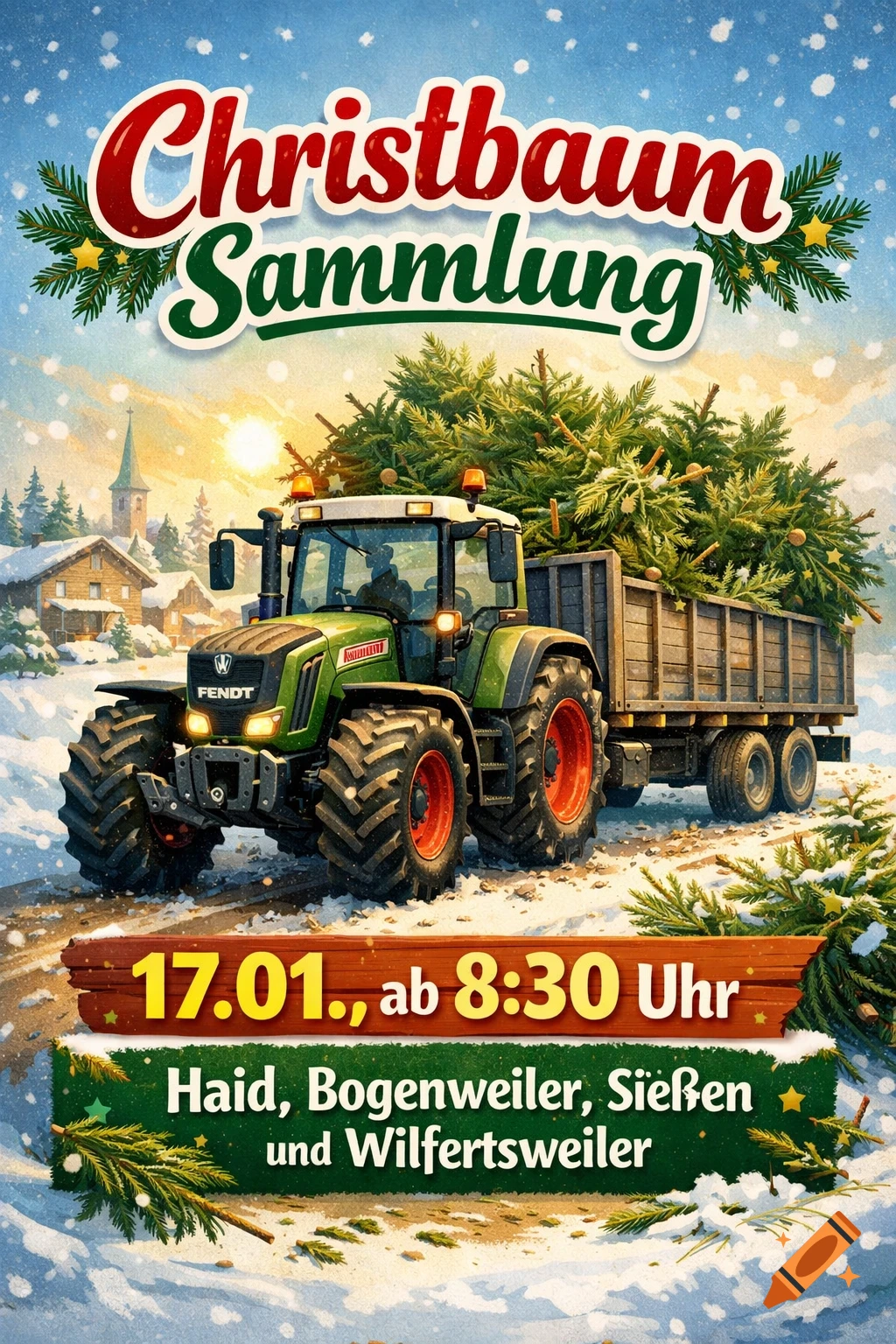 A snowy winter scene with a green Fendt tractor pulling a trailer full of Christmas trees. The image is a flyer for a "Christbaum Sammlung" (Christmas tree collection) event with dates and locations in German text.